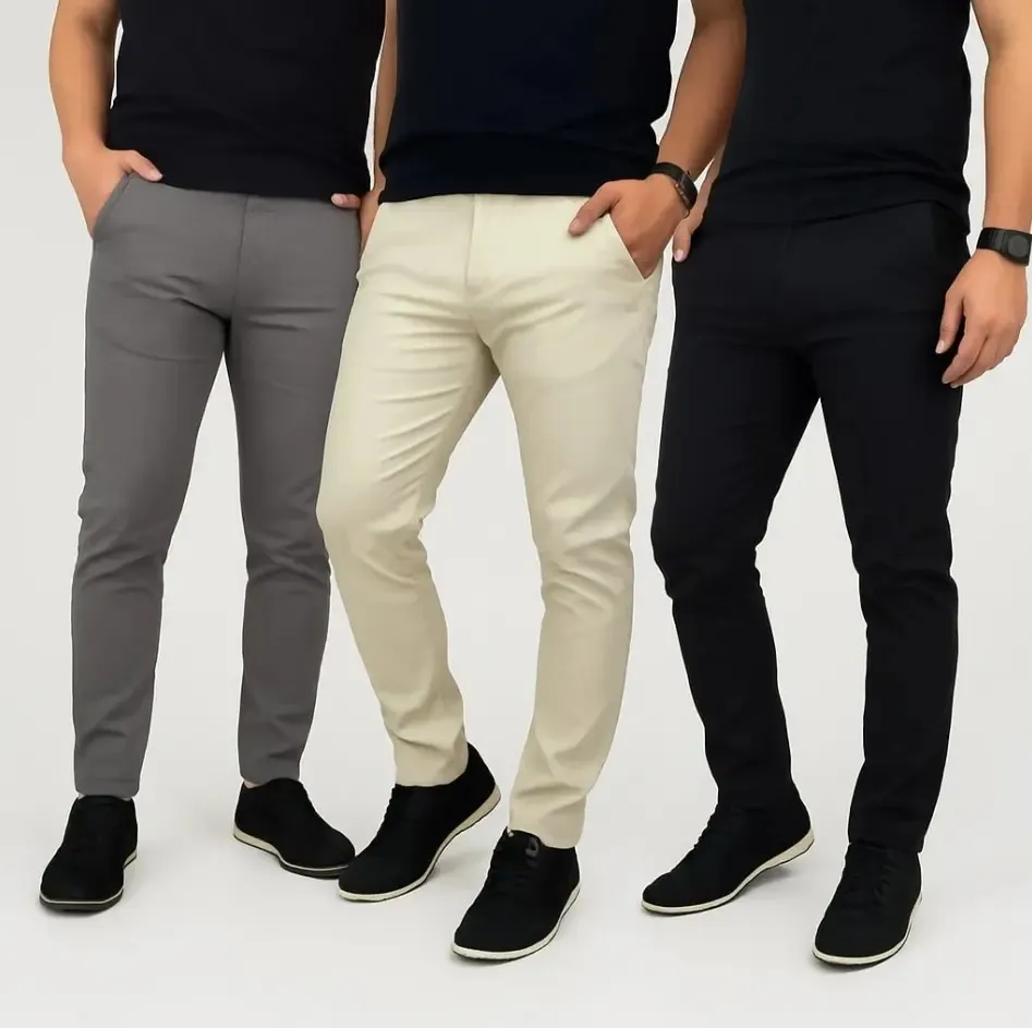 Kit 3 calças sarja masculinas — preto, areia e cinza